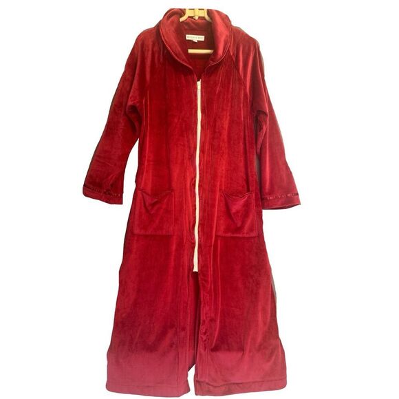 Eileen West Velour Full Zip Long Robe Womens S/M Crimson Red Pockets Soft Plush - Picture 1 of 7